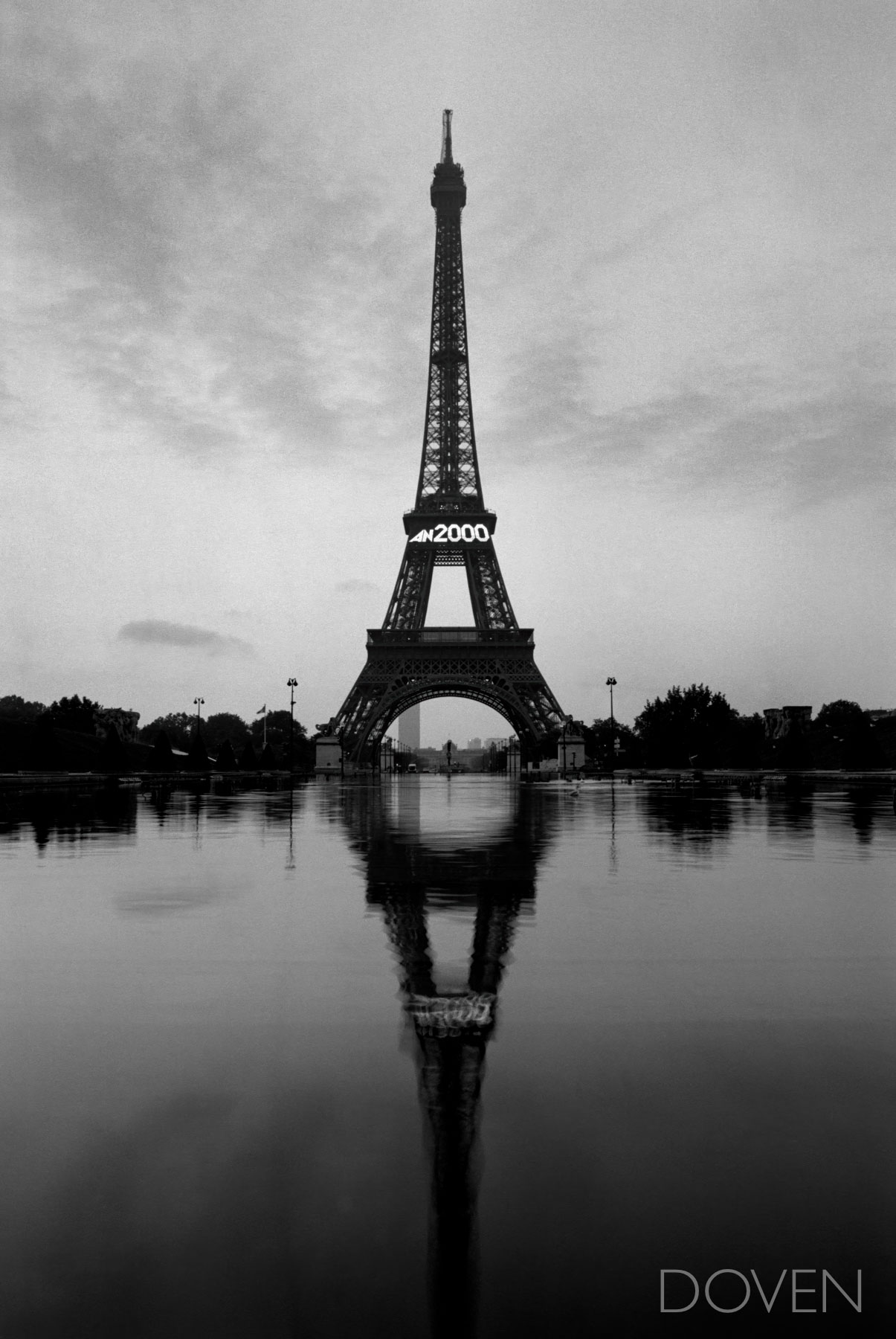 Eiffel Mirror Eifflel Tower, in Paris, France reflected in the fountain waters below in this Black and White image shot on film with a tripod...